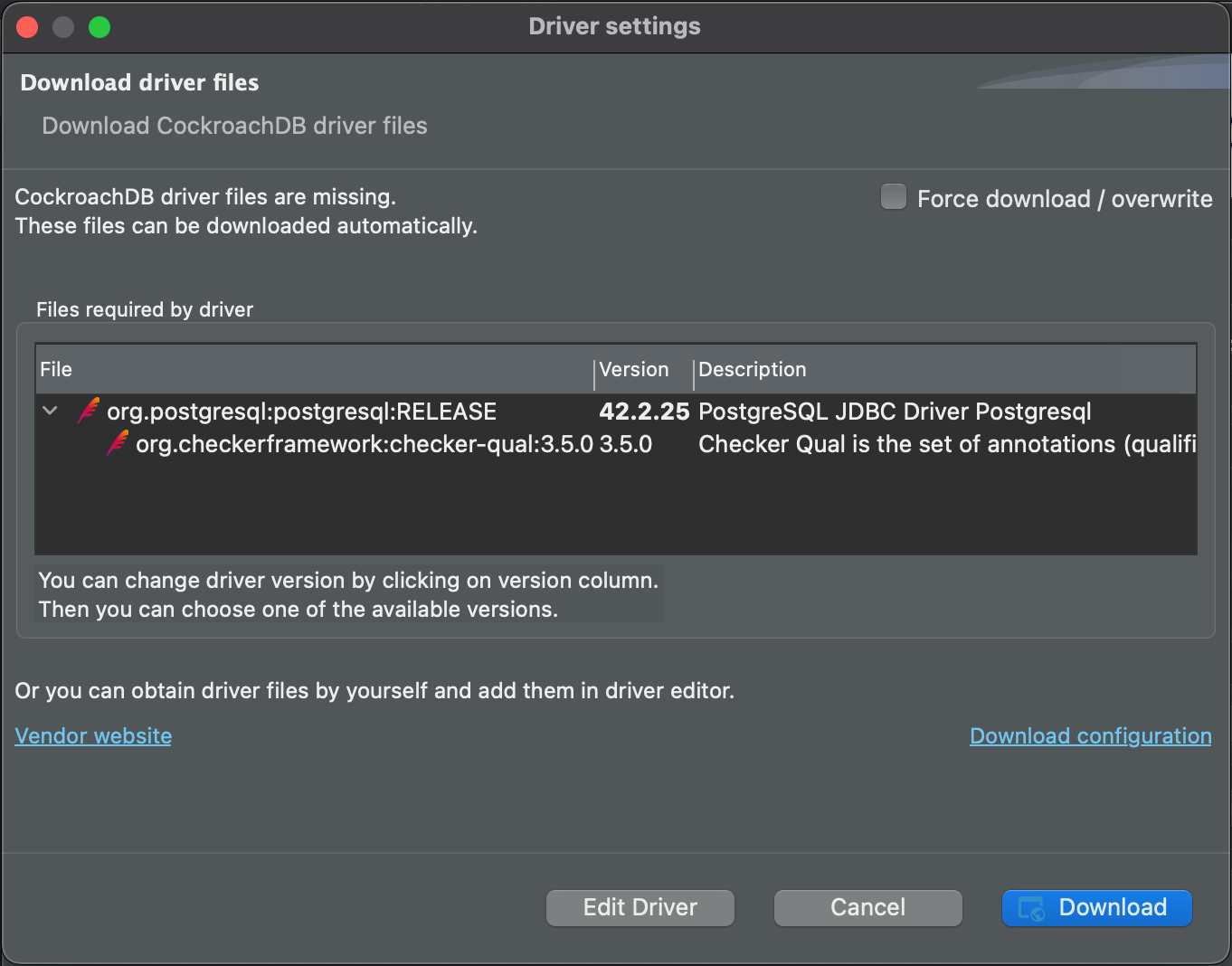 DBeaver - download driver dialog